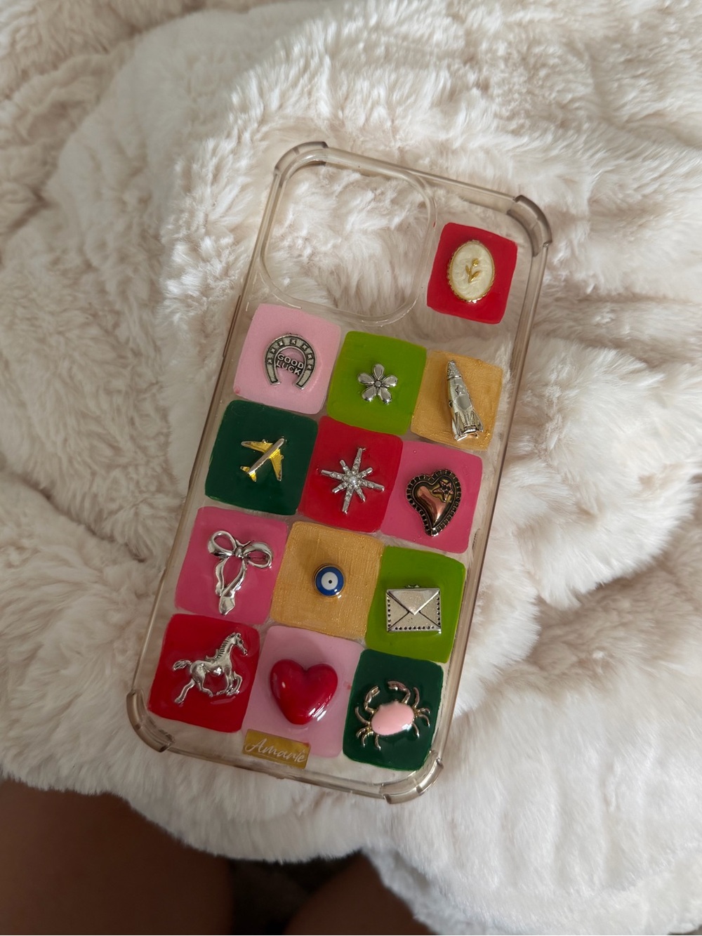 iPhone 16 Pro Max Clear Decorative Phone Case with Multicolor Charm Tiles